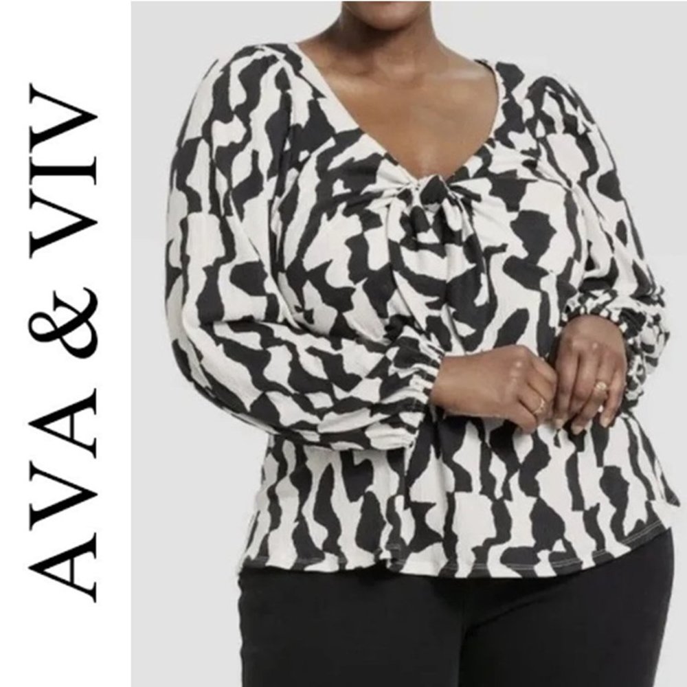 Ava & Viv New Plus Size Print Front Tie Bow Top 1x - image 1